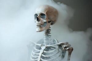 Foreboding skeleton amidst swirling smoke, symbolizing the elusive pursuit of understanding autoimmune disease origins in a hazy. photo