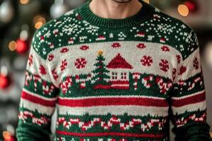 man wearing Christmas ugly sweater isolated background. photo