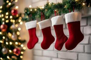 Three red christmas stockings on fireplace mantle photo