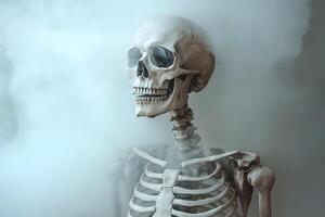 Foreboding skeleton amidst swirling smoke, symbolizing the elusive pursuit of understanding autoimmune disease origins in a hazy. photo