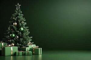 Green Christmas tree and presents on green isolated background. photo