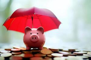 A pink piggy bank under a red umbrella, standing on a pile of coins. illustrating financial protection concept photo