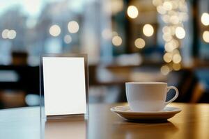 Mock up Menu frame with hot coffee on Table in Bar restaurant Stand for booklets with white sheets of paper acrylic tent card on cafeteria blurred background . photo