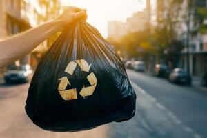 hand holding garbage black bag with recycle symbol. photo