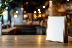 Mock up Menu frame on Table in Bar restaurant Stand for booklets with white sheets of paper acrylic tent card on cafeteria blurred background . photo