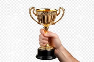 A hand holding a golden trophy cup with ornate handles and a black base, symbolizing victory or success. photo