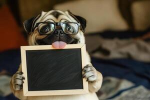 a curious pug wearing glasses to hold empty clean sign black board with copy space photo