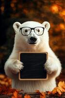 a curious polar bear wearing glasses to hold empty clean sign black board with copy space autumn. photo