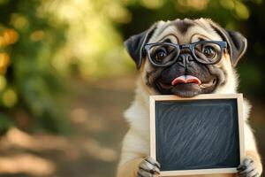 a curious pug wearing glasses to hold empty clean sign black board with copy space photo
