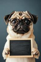 a curious pug wearing glasses to hold empty clean sign black board with copy space photo