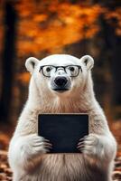 a curious polar bear wearing glasses to hold empty clean sign black board with copy space autumn. photo
