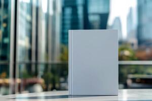Blank white book hardcover mockup floating on business building background . photo
