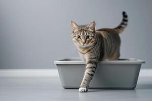Adorable grey cat stand near litter box indoors on isolated background . Pet care. photo