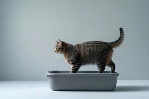 Adorable grey cat stand near litter box indoors on isolated background . Pet care. photo