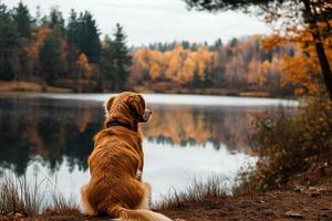 a golden retriever sitting in a serene wilderness setting with an autumn forest and lake in the background. photo