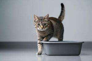 Adorable grey cat stand near litter box indoors on isolated background . Pet care. photo