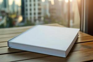 Blank white book hardcover mockup floating on business building background . photo