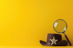magnifying glass and sheriff hat on isolated yellow back ground. photo