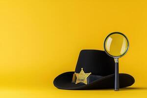 magnifying glass and sheriff hat on isolated yellow back ground. photo