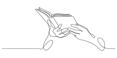 hand holding book one line drawing continuous vector