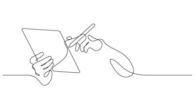 hand using tablet with digital stylus pen continuous line drawing vector