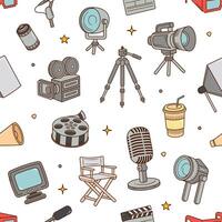 Cinema and movie objects outline doodle seamless pattern vector