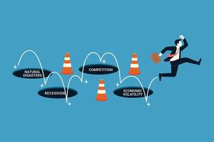 Businessman jump pass many pitfalls metaphor threats and challenges in business vector