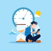 Smartphone addiction. Wasting time by scrolling smartphone vector