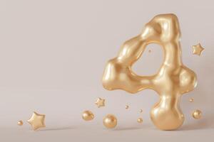 Golden liquid number 4 with droplets and stars on beige background. Elegant fluid, luxurious metallic surface. Numeral four. Flowing molten gold. Fourth birthday, business anniversary. Copy space. 3D. photo