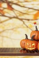Wooden tabletop with empty space for product display and pumpkins, on warm autumn background. Halloween theme. Mock up for product presentation, merchandise. Table front view. 3D render. photo