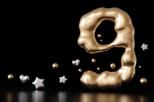 Golden liquid number 9 with droplets and stars on black background. Elegant fluid, luxurious metallic surface. Numeral nine. Flowing molten gold. Ninth birthday, business anniversary. Copy space. 3D. photo