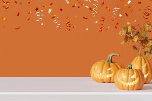 White tabletop with empty space for product display, pumpkins and confetti, on warm orange background. Halloween theme. Mock up for product presentation, merchandise. Table front view. 3D render. photo