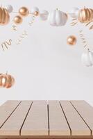 Halloween themed tabletop with empty space for product display, golden and white pumpkins, ribbons on neutral, beige background. Mock up for product presentation, merchandise. Table front view. 3D. photo