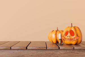 Wooden tabletop with empty space for product display and pumpkins, on warm brown background. Halloween theme. Mock up for product presentation, merchandise. Table front view. 3D render. photo