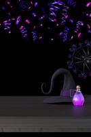 Vibrant Halloween-themed image featuring witches hat, bottle of purple potion on tabletop, set against a dark background with neon pink and purple party confetti. Empty pace for product display. 3D. photo