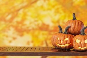 Wooden tabletop with empty space for product display and pumpkins, on warm autumn background. Halloween theme. Mock up for product presentation, merchandise. Table front view. 3D render. photo