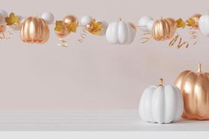 Halloween themed tabletop with empty space for product display, golden and white pumpkins on neutral, beige background. Mock up for product presentation, merchandise. Table front view. 3D. photo