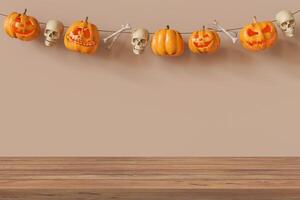 Wooden tabletop with empty space for product display, pumpkins and bones garland on the background. Halloween theme. Mock up for product presentation, merchandise. Table front view. 3D render. photo