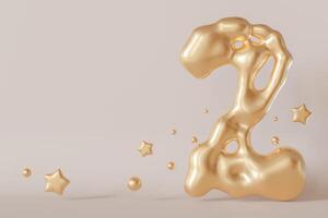 Golden liquid number 2 with droplets and stars on beige background. Elegant fluid, luxurious metallic surface. Numeral two. Flowing molten gold. Second birthday, business anniversary. Copy space. 3D. photo