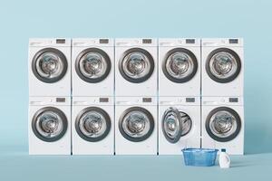 Row of washing machines, public laundry concept. Blue background. Commercial cleaning service. Laundromat. Shared amenities. Self-service, coin laundry, or coin wash. 3D render. photo