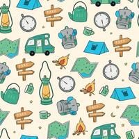Camping seamless pattern with doodles for wallpaper, textile prints, scrapbooking, stationary, digital paper, wrapping paper, backgrounds, etc. EPS 10 vector