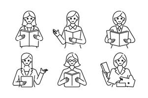 Teacher Character Set in Classroom. Flat Design Minimal Illustration with Silhouettes and Line Art Education Technology. vector