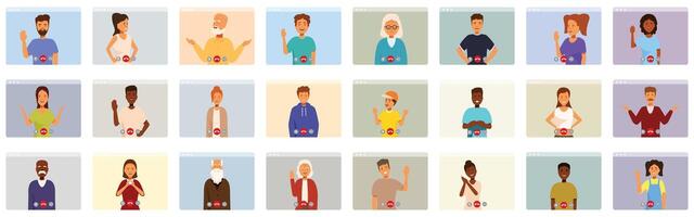 Communicates remotely family icons set. Diverse people having video conference call using computer web camera app vector