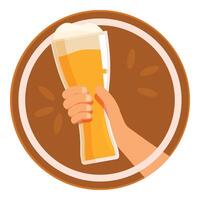 Hand holding a tall glass of beer with foam in round frame vector