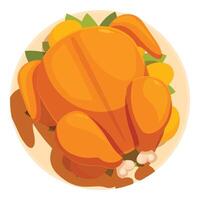 Roasted chicken lying on a plate with orange slices and green garnish, top view vector