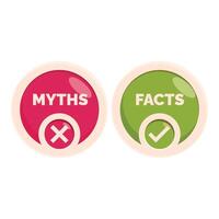 Myths versus facts red and green glossy buttons showing correct and incorrect choices vector