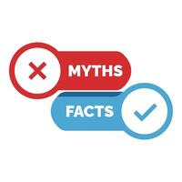 Myths versus facts red and blue buttons showing correct and wrong choices vector