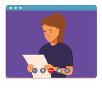 Young woman reading document during video call on computer screen vector