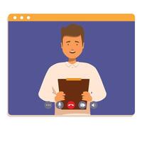 Businessman holding clipboard having video call on computer screen vector