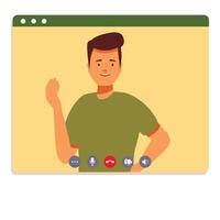 Young man waving hand during video call on computer screen vector